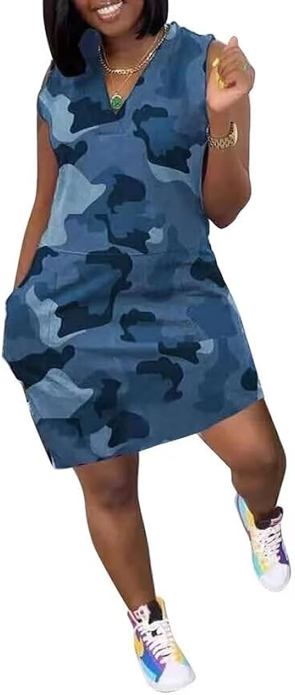 Women's Plus Size Camo Print V Neck Sleeveless Sundress Cargo Mini Dress with Pockets