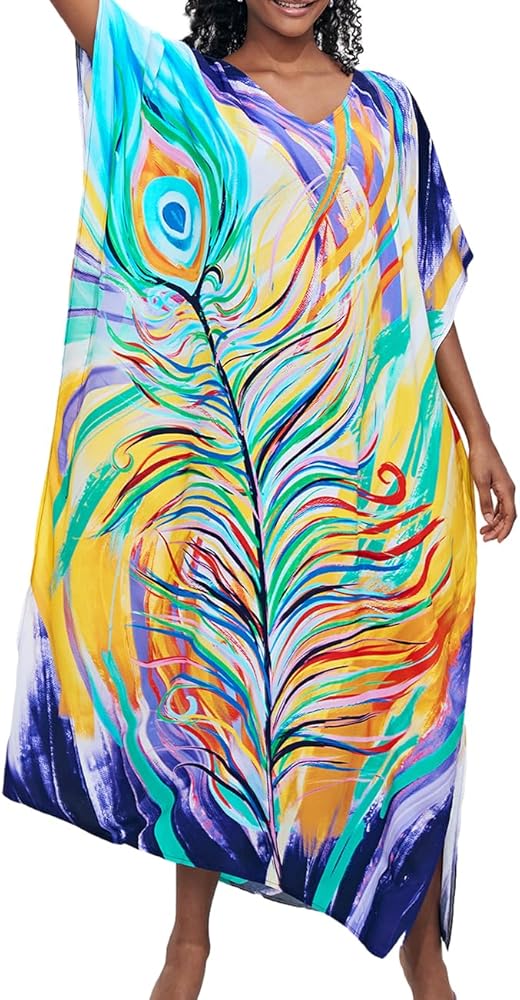 AILUNSNIKA Women Print Kaftan dress Beach Maxi Plus Size Caftan Short Sleeve Swimsuit Cover up Loungewear for Summer