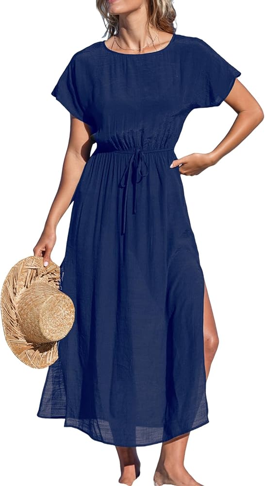 CUPSHE Women's Summer Casual Short Sleeve Beach Cover Ups Rounk Neck Side Split Maxi Dresses