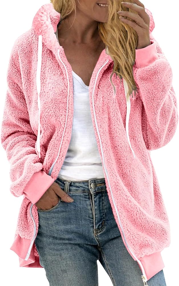 Womens Fuzzy Fleece Jacket Solid Color Artificial Wool Zipper Drawstring Long-Sleeved Hoodie Outerwear with Ladies