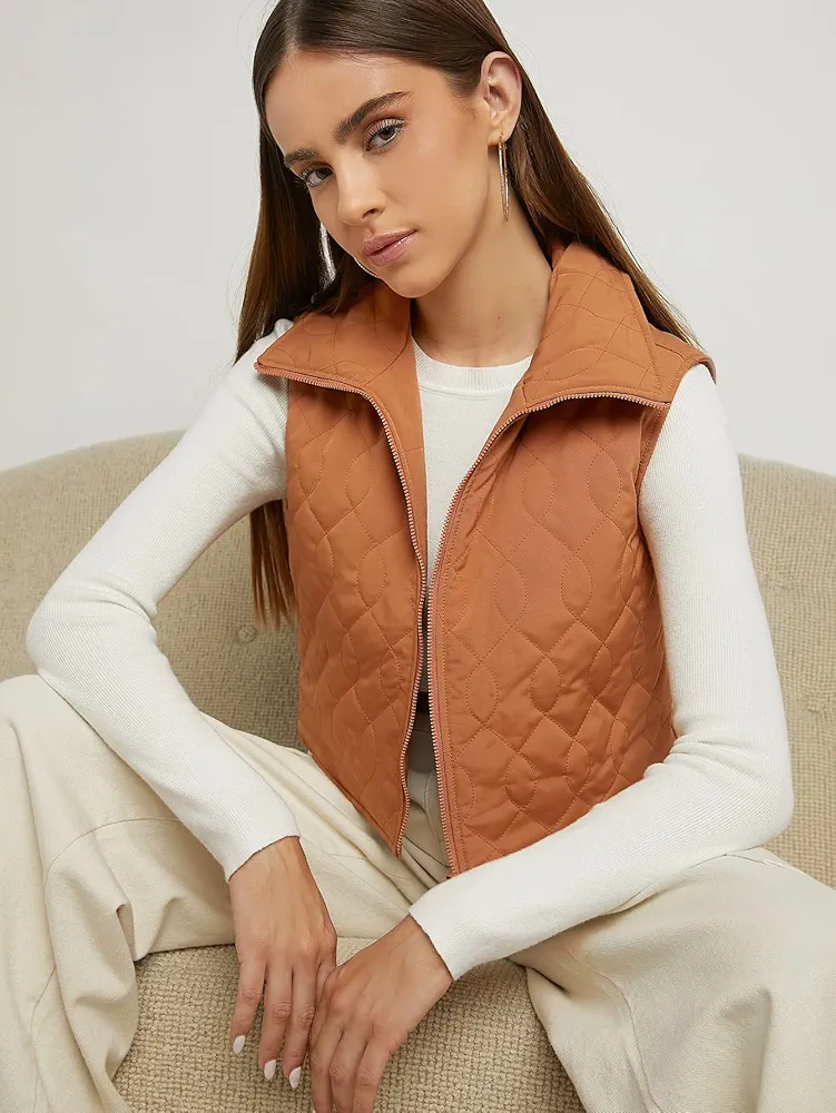 Jackets for Women - Quilted Zip Up Vest Winter Coat (Color : Brown, Size : X-Small)