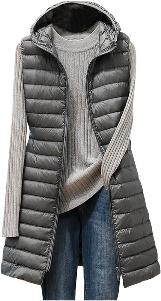 Women Lightweight Puffer Vest Packable Long Winter Coat Zip Up Quilted Jackets Hooded Sleeveless Plus Size Warm Vest