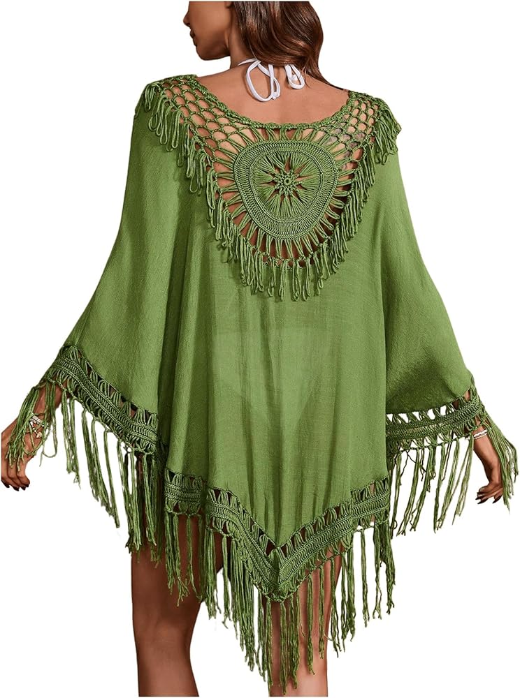 SHENHE Women's Crochet Cover Ups Tassel Long Kimono Swimsuit Boho Cardigan