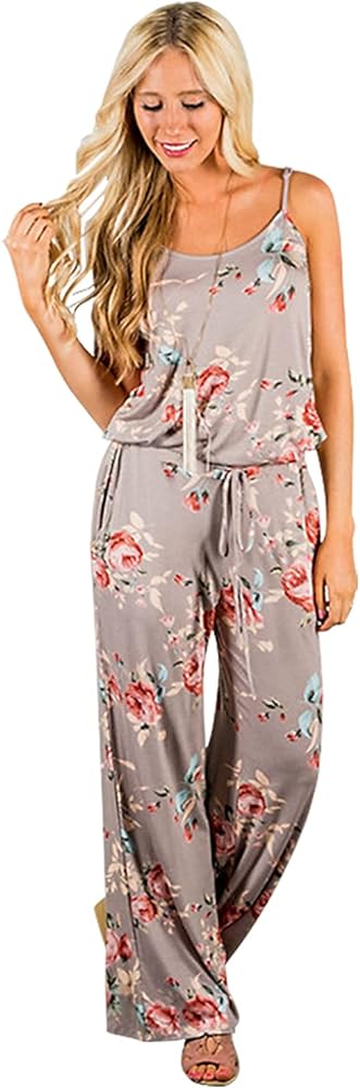 AMiERY Women's Floral Printed Jumpsuits Solid Rompers Casual Comfy Striped Jumpsuit with Pockets