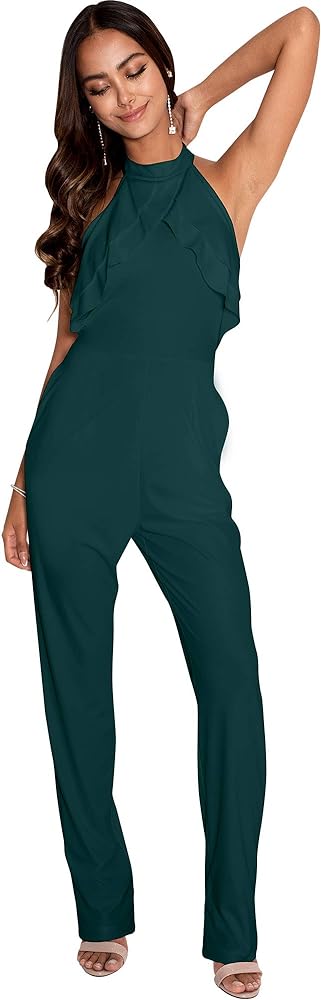 KOH KOH Womens Sleeveless Halter Neck Cocktail Long Leg One Piece Jumpsuit