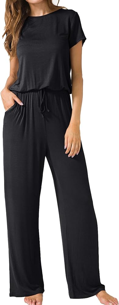 LAINAB Womens Soft Summer Jumpsuits Short Sleeve Casual Wide Legs Rompers