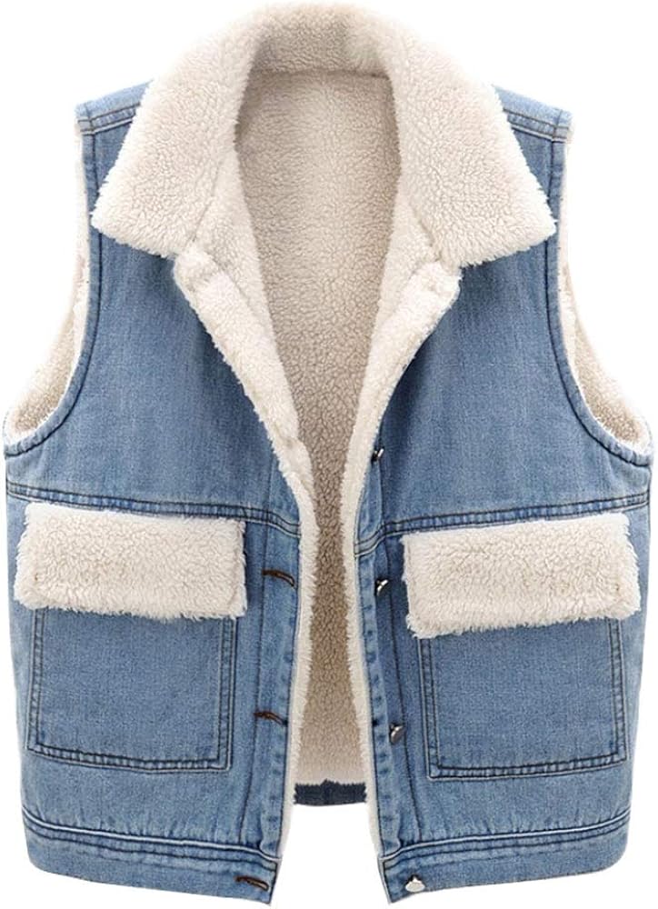 Kedera Women's Sherpa Fleece Lined Denim Vest Jacket Cropped Jean Coat