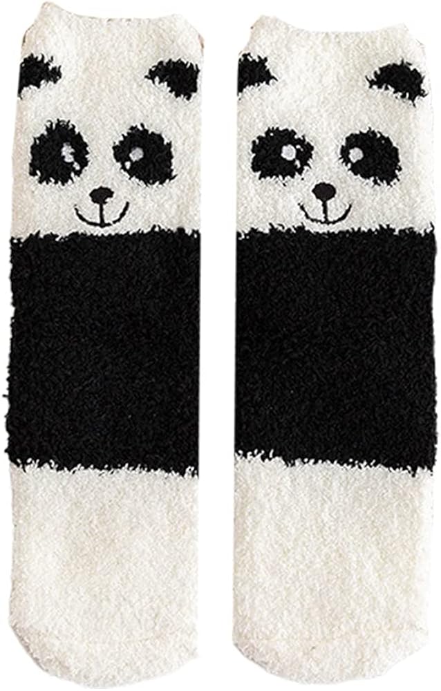 Women Cartoon Animal Fuzzy Slipper Socks,Cute Panda Dog Cat Pig Penguin Pattern Fluffy Socks,Thick Coral Velvet Warm Floor Sleeping Hosiery,Christmas New Year Socks Gift