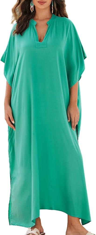 Eddoyee Womens Kaftan Maxi Dresses V-neck Short Sleeve Solid Batwing Caftan Swimsuit Cover-Ups for Beachwear