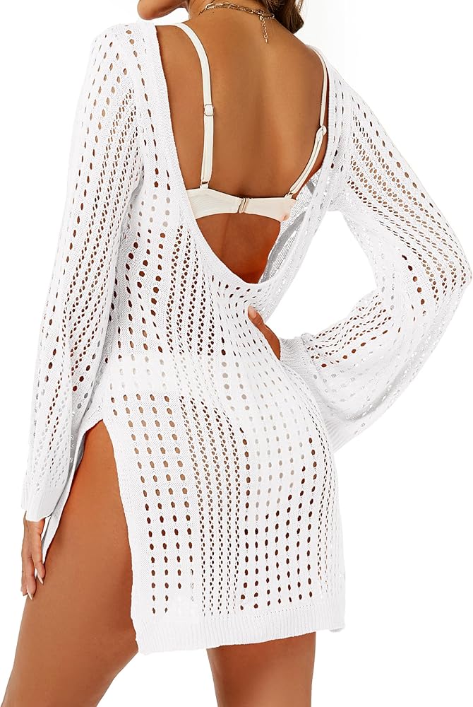 Women's Crochet Swimsuit Coverup Hollow Out Long Sleeve Bathing Suit Cover Up Side Split Knit Swimwear Beach Dress