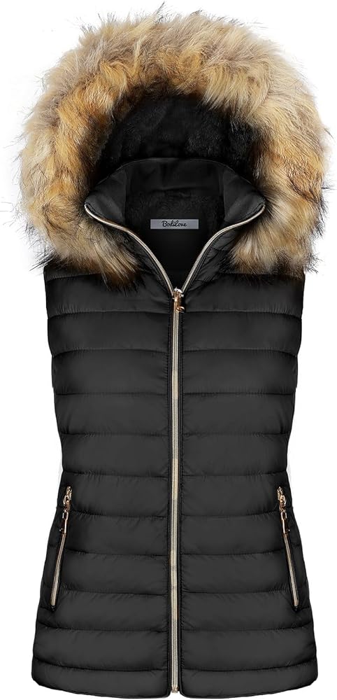 BodiLove Women's zipper cuffed sleeve neckline form fitting juniors sizing quilted padded Quilted Faux Fur Hooded Vest Padded Fleece Jacket With Zip Closure Black S