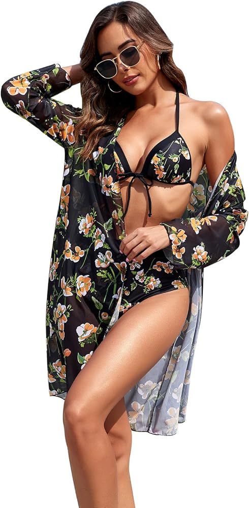 IMEKIS Women 3 Piece Swimsuit with Coverup Set Trendy Floral Print Kimono Bikini Top Bottom Swimwear Vocation Outfit