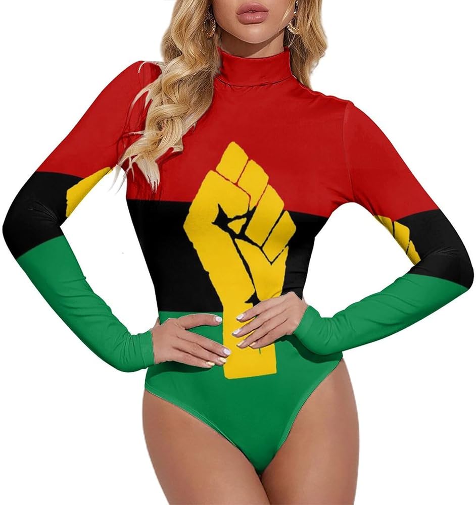 Black Power African Flag Women's Bodysuit Tops Turtle Neck Long Sleeve Jumpsuit Print T Shirt