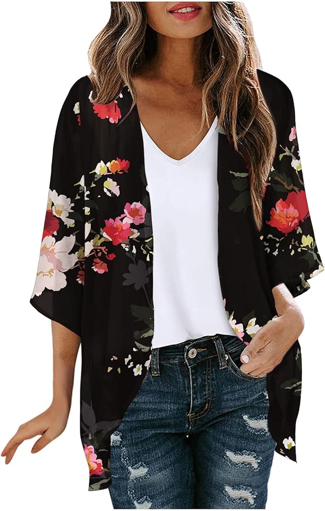 Kimonos For Women Plus Size Casual Cover Up Floral Print Puff Sleeve Kimono Cardigan Lightweight Summer Cruise Outfits