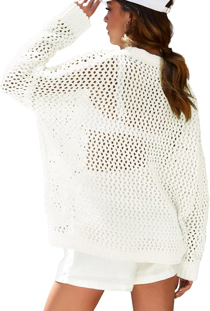 Summer Sweaters for Women, Crochet Sweaters Long Sleeve Crew Neck Swimsuit Beach Cover Up for Women