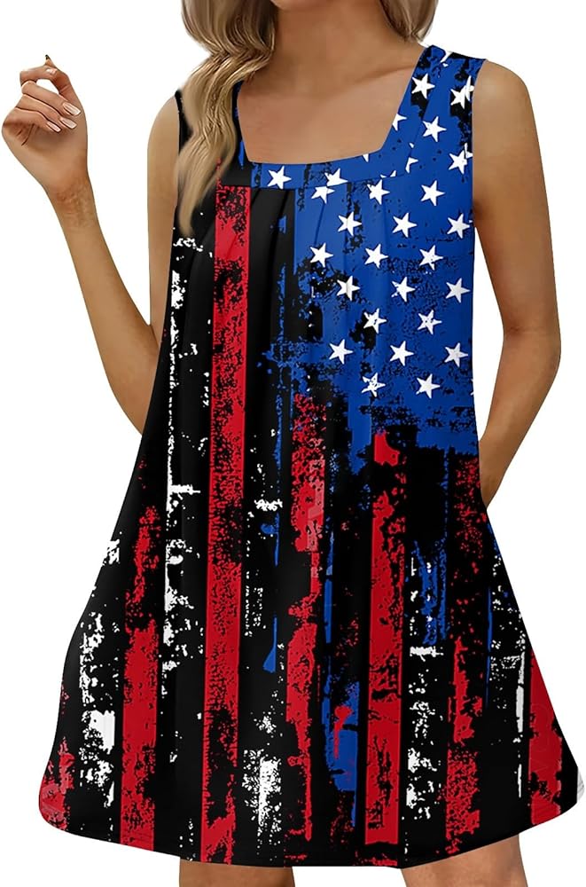 American Flag Women's Sleeveless TShirt Dress Patriotic Red White and Blue Sundress for 4th of July