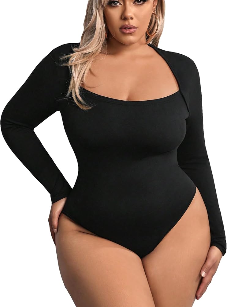 MakeMeChic Women's Plus Size Casual Scoop Neck Long Sleeve Fitted Bodysuit Tee Shirts Tops Black 1XL