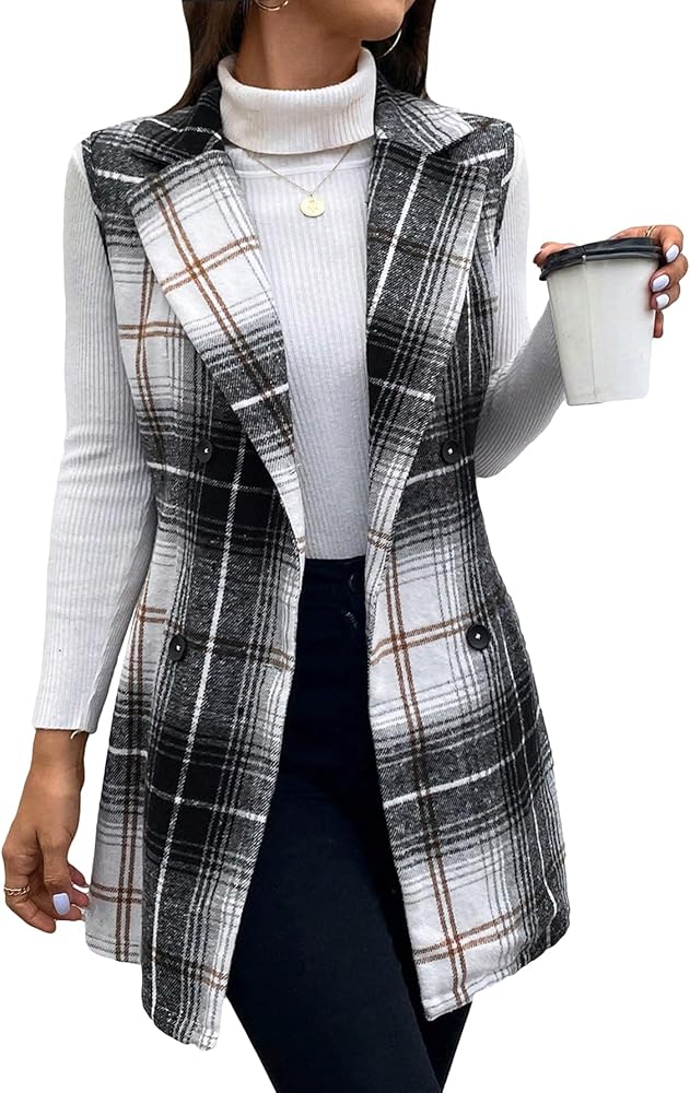 WDIRARA Women's Plaid Suit Vest Blazer Double Breasted Sleeveless Casual Long Lapel Jacket