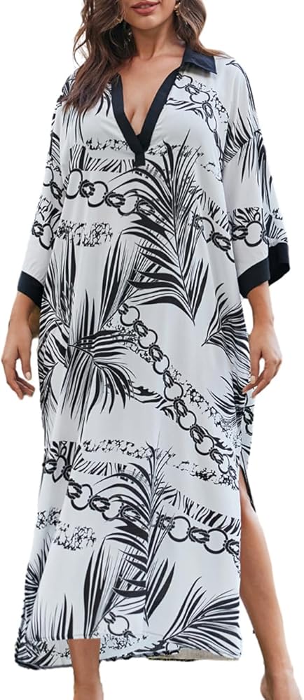 Bsubseach Kaftan Dresses for Women Bathing Suit Cover Ups Long Caftans Lapel Beach Coverup Plus Size Loungewear White