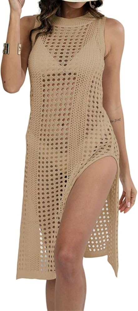 Xuan2Xuan3 Crochet Cover Up Dress Sexy Beach Wear Cut Out Split Tank Dress for Swimsuit Bikini Coverups Hollow Out