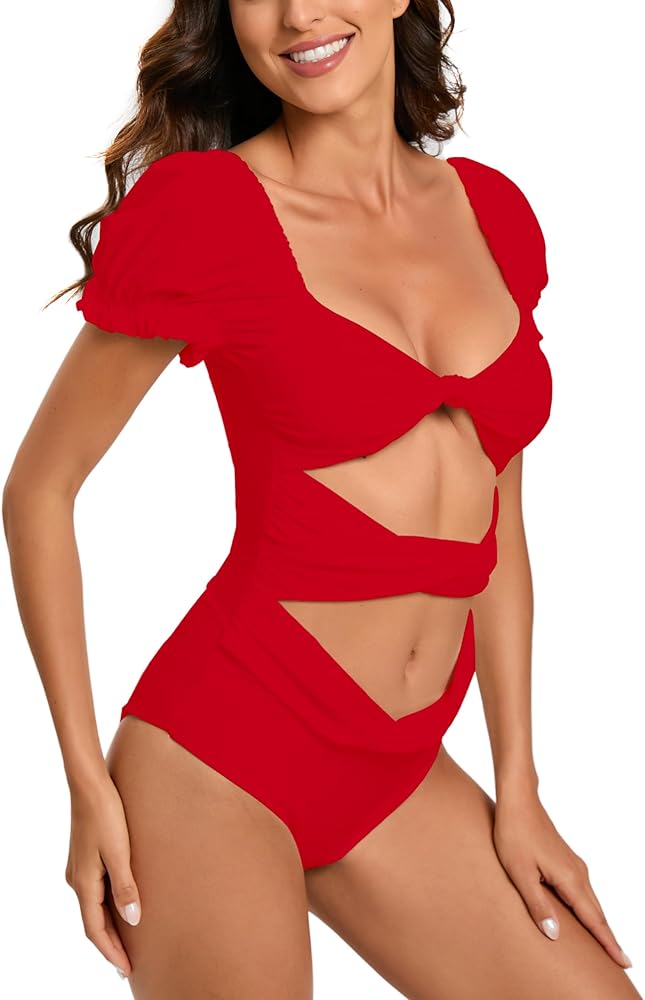 Women's One Piece Swimsuit Padded Puff Sleeves Tummy Control High Waisted Swimwear Bathing Suit Red