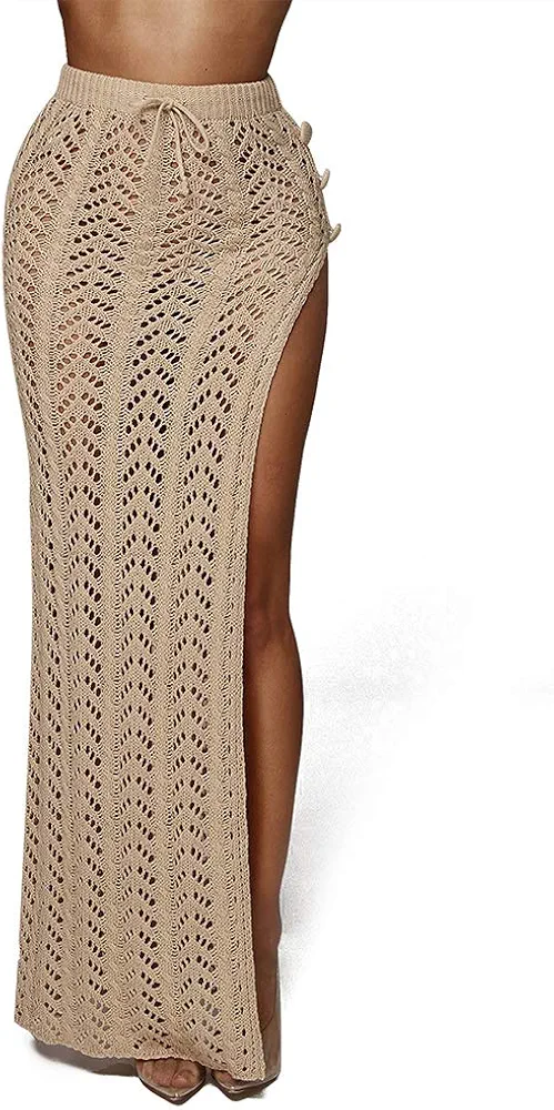 Sexy Women Knitted Bikini Cover-Ups, Drawstring Side Split Slim Skirts Sarong Beach Bathing Suit Beachwear Swimsuit,Camel,XL