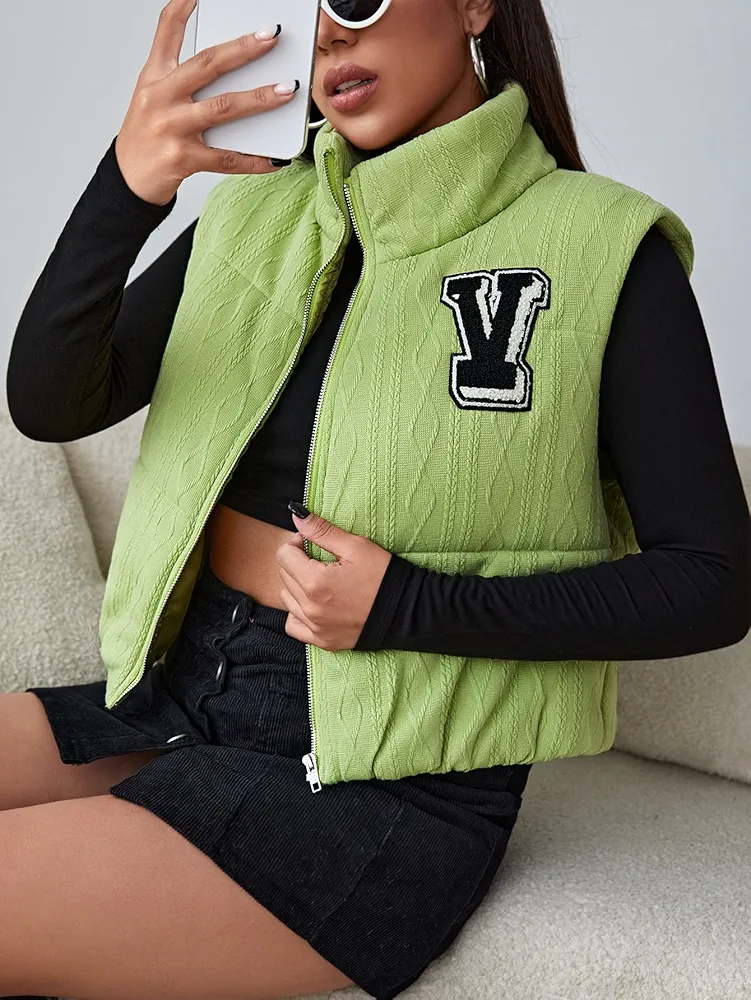 Women's Coat Jacket Warm Comfortable Letter Patched Textured Zipper Vest Puffer Coat Fashion Charming Unique Lovely (Color : Lime Green, Size : X-Small)