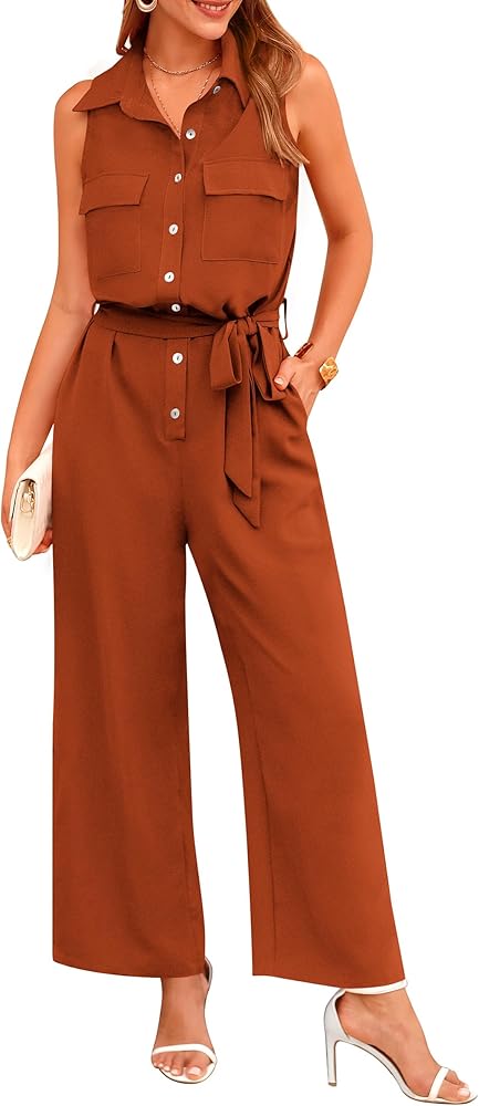 PRETTYGARDEN Women's Summer Jumpsuits Dressy Casual Sleeveless Button Up Belted Long Pants Rompers