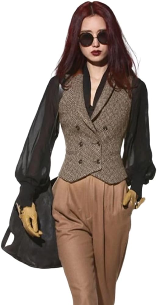 Women's Double Breasted Vest Lapel Casual Skinny Herringbone Tweed Waistcoat Sleeveless Jacket