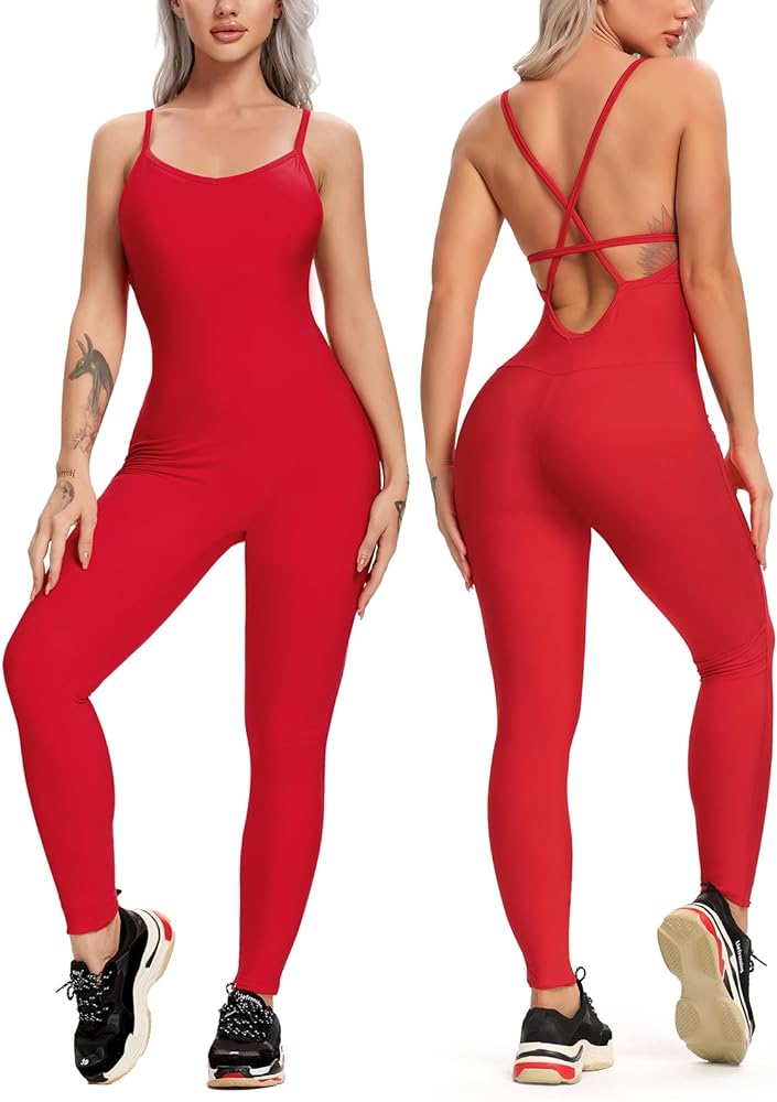 KIWI RATA Womens Sexy Bodycon Backless Jumpsuit Workout One-Piece Cacual Sculpted Bodysuit Sport Romper