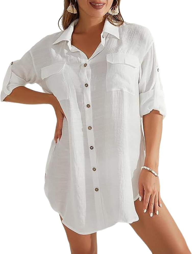 Bsubseach Bathing Suit Cover Up for Women Long Sleeve Shirt Dress Button Down Beach Cover Ups Top