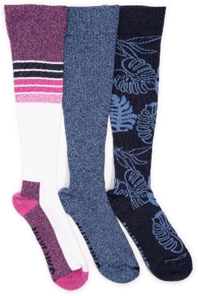 MUK LUKS Women's 3 Pack Cotton Compression Knee-High Socks, Navy, One Size Wide