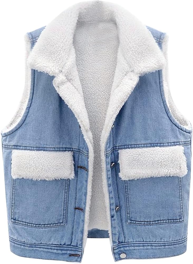 Womens Warm Sherpa Fleece Jean Vest Sleeveless Lightweight Jacket Outwear with Pockets