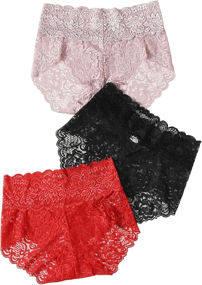 Floerns Women's 3 Pack Floral Lace High Waist Breathable Soft Panty Set