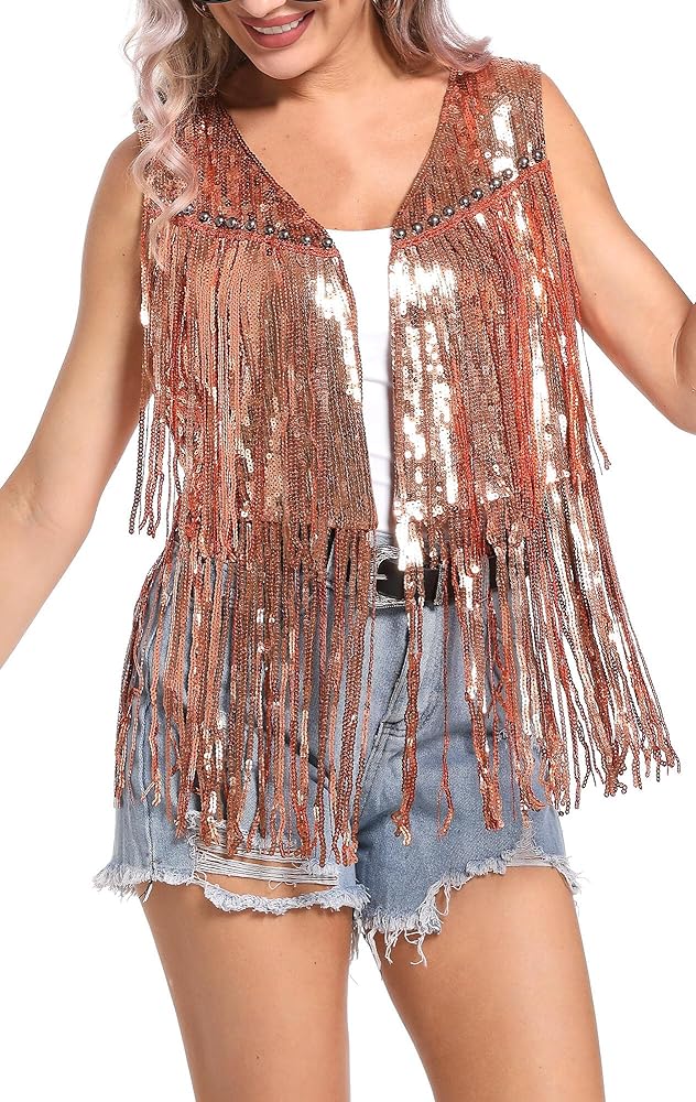 Women’s Sequins Fringe Jackets Sleeveless Glitter Tassel Vest Sparky V Neck Open Front Waistcoat Cocktail 2024 Fashion