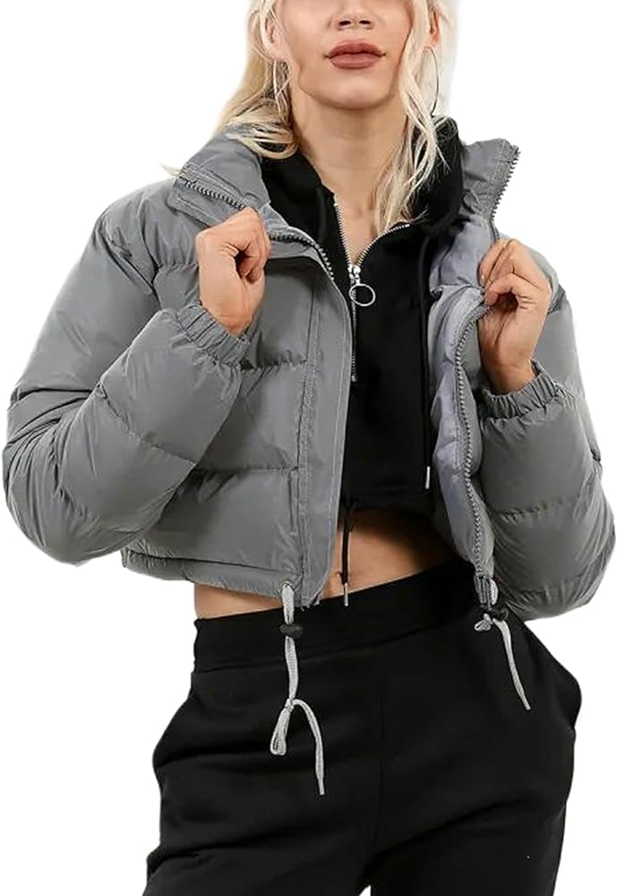 Womens Winter Cropped Puffer Jacket Fashion Long Sleeve Zip Stand Collar Warm Padded Short Jacket Coats(0206-Grey-M)