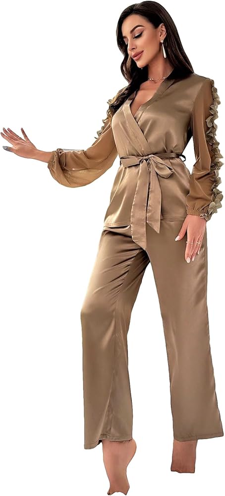 WDIRARA Women's 2 Piece Set Floral Appliques V Neck Long Lantern Sleeve Mesh Belted Pajama Set Open Front Sleepwear