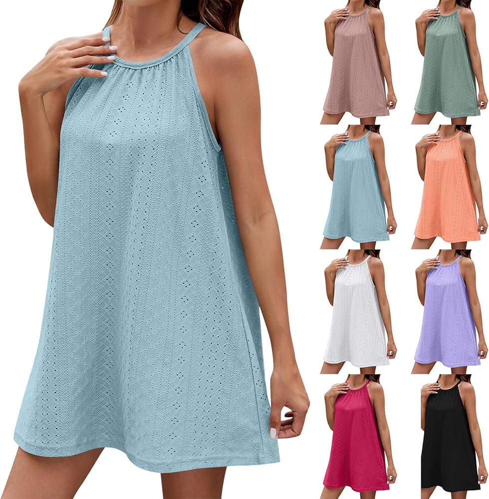 Womens Summer Eyelet Halter Dresses Swimsuit Coverups 2024 Sleeveless Flowy Swing Dresses Casual Sun Beach Mini Dress