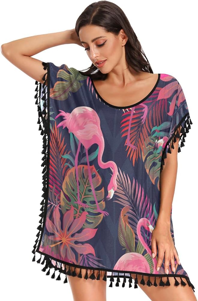 Flamingo Leaves Swimsuit Coverup for Women Swim Coverup Chiffon Beach Cover Up Dress for Swimwear Bikini Beach Dress,S