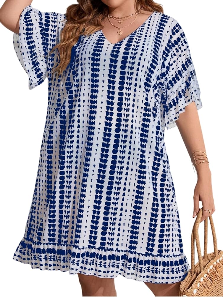 XAKALAKA Women's Plus Size Tie Dye Batwing Sleeve Swim Cover Up Dress BohoFeel Beach Swimwear Bathing Suit Coverup