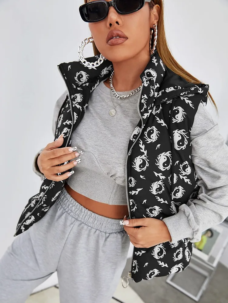 Jackets for Women Yin & Yang and Fire Print Drawstring Hooded Zipper Vest Winter Coat Jackets for Women (Color : Black and White, Size : X-Small)