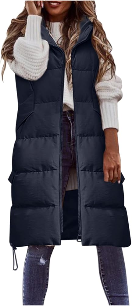 Quilted Winter Coat Warm Women Casual Coat Jackets Solid Vest Zipper Loose Sleeveless Jacket Hooded Long Coat Indoor House