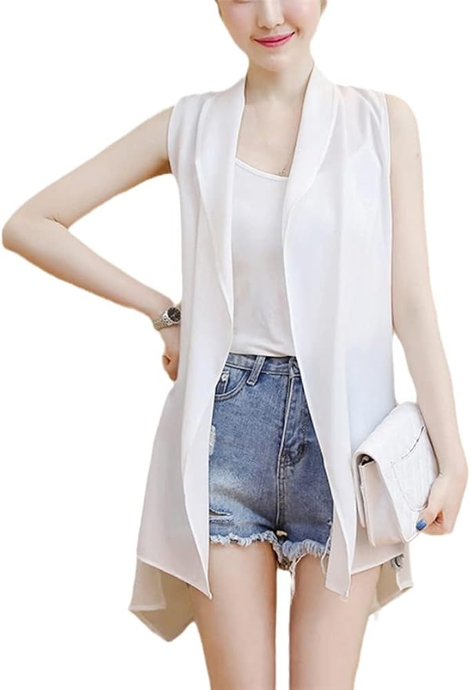 Summer Long Vest Sleeveless Chiffon Coat Suit Jacket Ladies Black White Casual Vests Gilet Tops