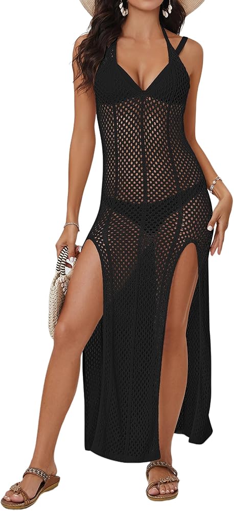 Bsubseach Crochet Beach Cover Ups for Women Long Swimsuit Cover Up Halter V Neck Knit Beach Dress