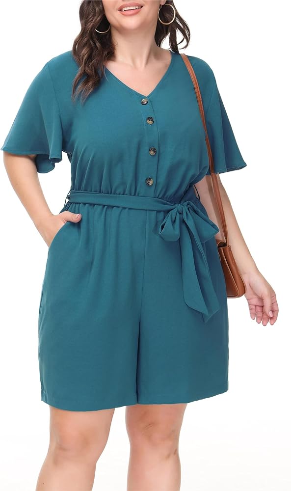 Hanna Nikole Women's Plus Size Summer Short Sleeve Button Down Pockets Jumpsuit Casual Rompers with Belt