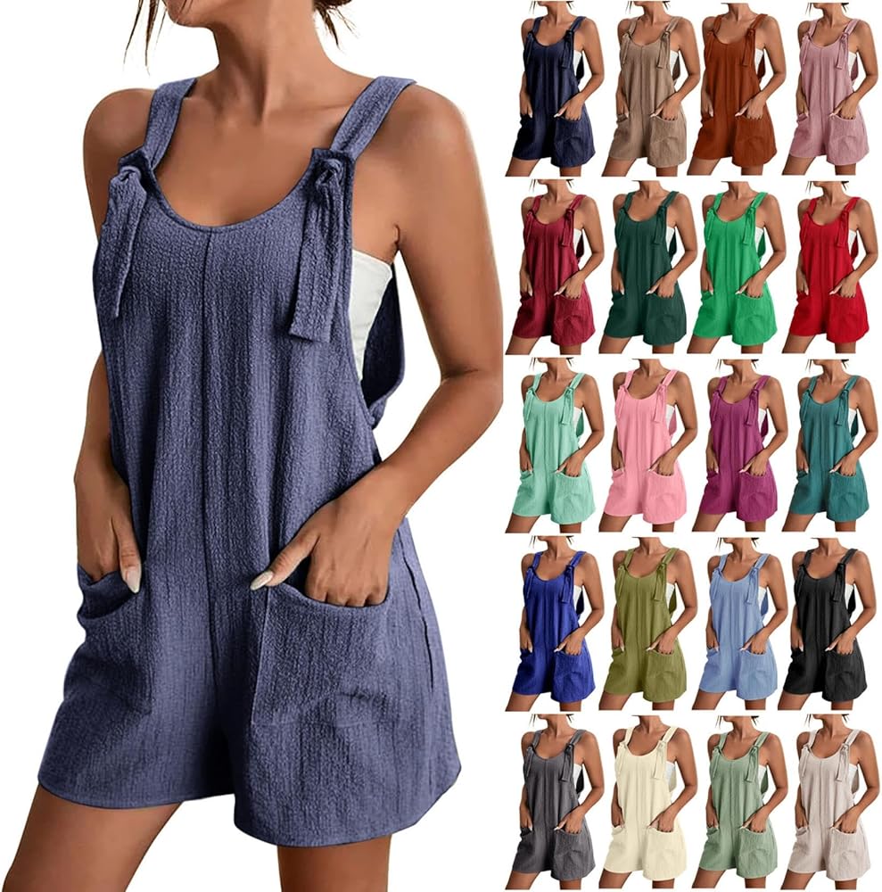 Overalls for Women Short 2024 V Neck Sleeveless Rompers with Pockets Loose Casual Adjustable Summer Jumpsuit