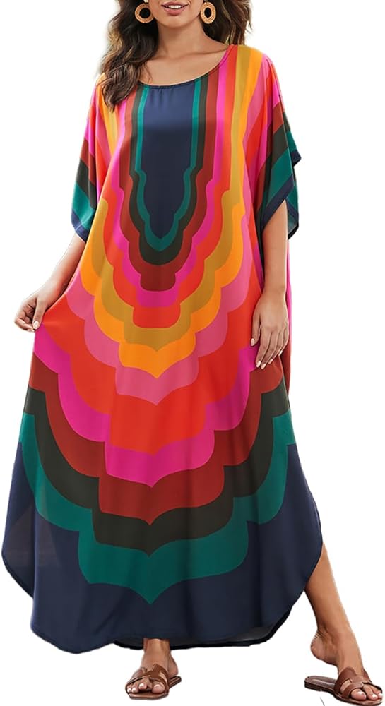 Bsubseach Kaftan Cover Ups for Swimwear Women Plus Size Caftan Dress Swimsuit Cover Up Loungewear Colored Geometry