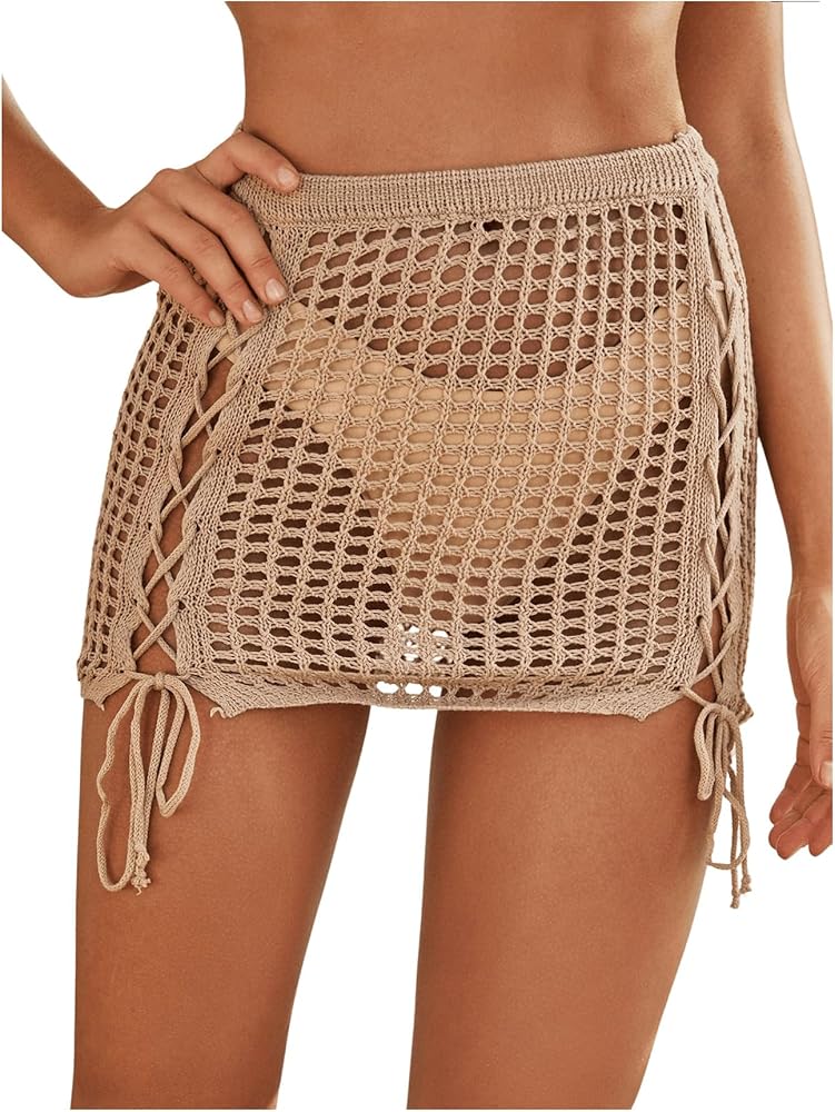 MakeMeChic Women's Crochet Cover Up Skirt Tassel Knit Mini Beach Cover Up