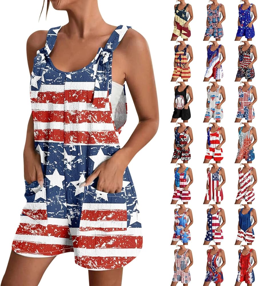 4th of July Romper For Women Sleeveless American Flag Overall Shorts With Pockets