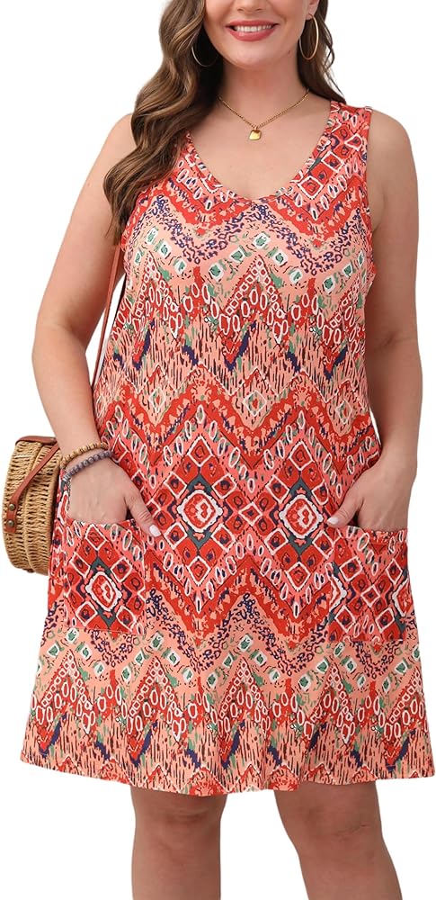 HBEYYTO Women Plus Size Sundress with Pockets V Neck Sleeveless Loose Fit Tank Dress Floral Print Beach Cover up 1X-5X